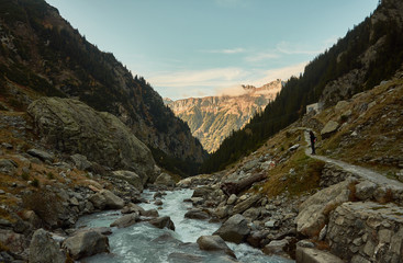 The Triftwasser River as it passes through the cable car that connects Gadmen with Triftbrücke, on the way to the Trift suspension bridge (Triftbrücke). Switzerland