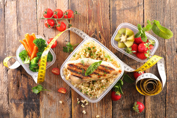 fried chicken fillet with cereal, fruit and vegetable