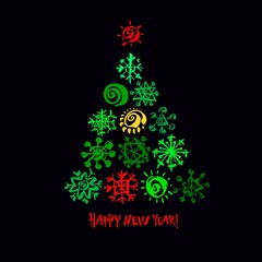 Happy new year text. Color snowflake Christmas tree on dark background. Christmas vector card