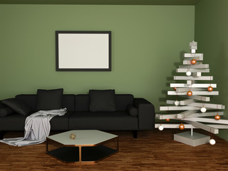 3d rendering of living room with black sofa, green olive walls and christmas decoration