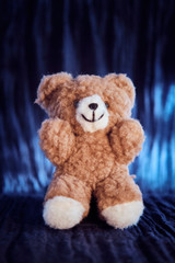 Stehender Teddybär vor dunklem Hintergrund