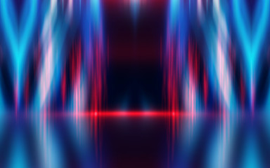 Empty dark abstract background. Background of an empty show scene. Glow of neon lights on an empty stage.