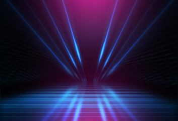 Empty dark abstract background. Background of an empty show scene. Glow of neon lights on an empty...
