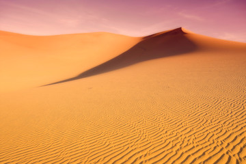 Fototapeta na wymiar Beautiful sand dune desert texture from morning light and shadow over soft purple sky background