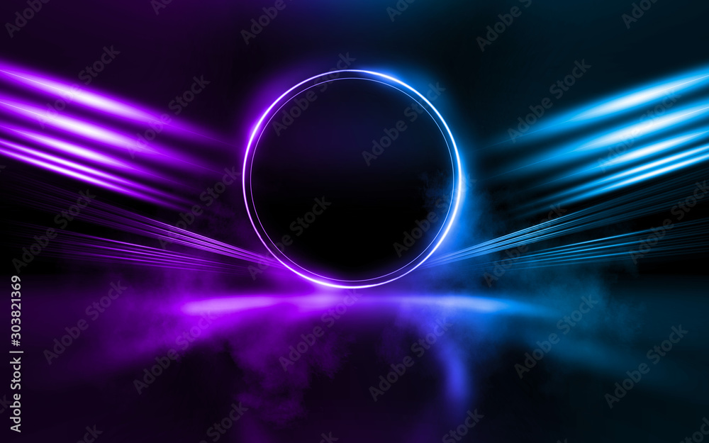 Poster empty show scene background. reflection of a dark street on wet asphalt. rays of ultraviolet neon li