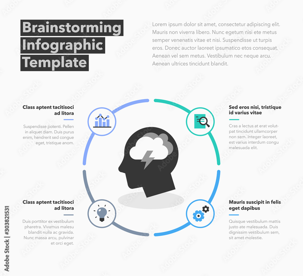 Poster Brainstorming infographic template with head as a main symbol and place for your content. Flat design, easy to use for your website or presentation.