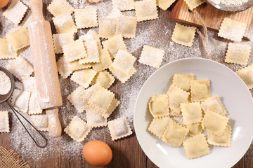 raw ravioli with ingredient, preparation of homemade ravioli