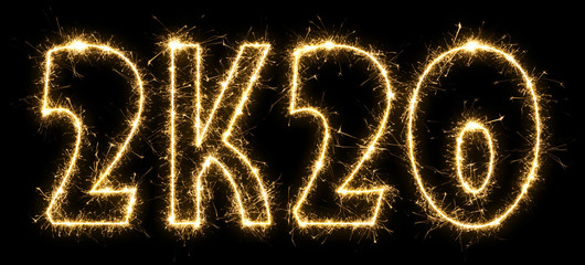 New Year 2K20 made by sparkler . Text 2K20 written sparkling sparklers . Isolated on a black background . Overlay template for holiday greeting card .