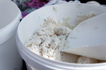 Natural Curd. Home-made, healthy food without chemical additives, Bucket, capacity, spatula, scoop