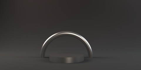 Empty silver podium stage with ring arch on dark background. 3D rendering