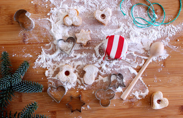 Home made baked Christmas cookies as a gift for family and friends on wooden table. Traditional in Europe .Blurred background.Holiday concept.