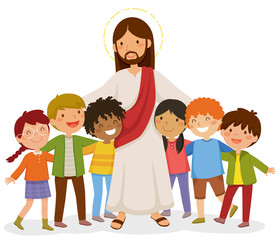 Cartoon Jesus standing and hugging happy kids