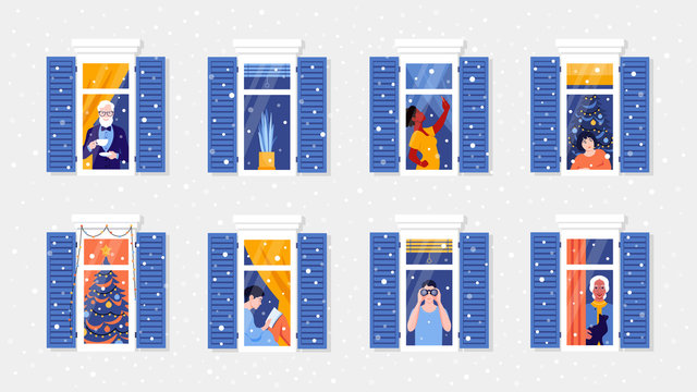 People In Window Frames. Neighbors That Live In Apartments. Christmas Snowfall. New Year Celebration. The Facade Of The House. Vector Flat Illustration