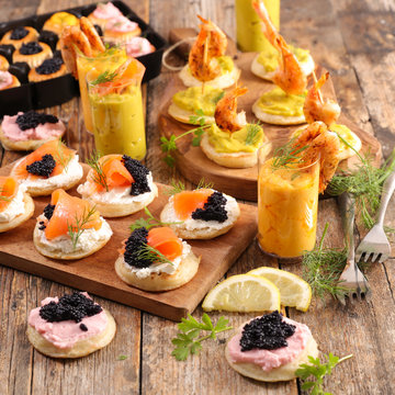 assorted of finger food, buffet food with verrine and canape- festive table