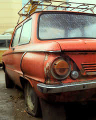 old red car, rear view