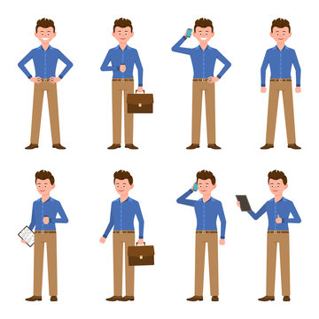 Young, Happy, Confident Blue Shirt Man Vector Illustration. Standing With Hands On Hips, Drinking Coffee, Talking On Phone, Using Tablet, Writing Notes, Thumbs Up Boy Cartoon Character Set On White