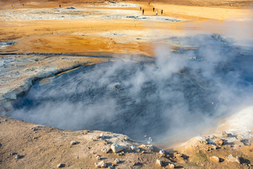 Fumarole field in Namafjall geothermal zone Iceland. Famous tourist attraction. Beauty world