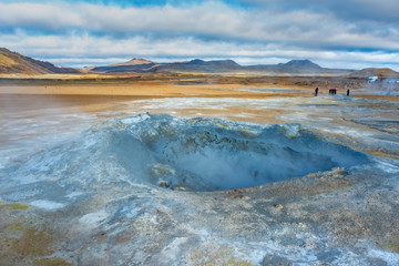 Fumarole field in Namafjall geothermal zone Iceland. Famous tourist attraction. Beauty world