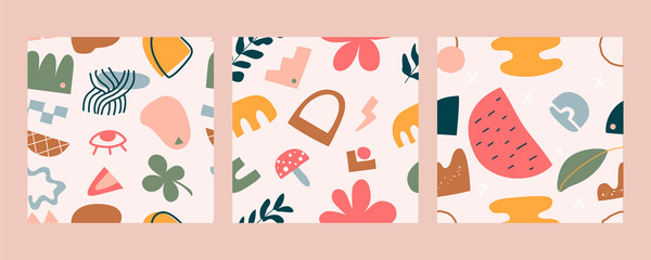 Set of three seamless patterns. Hand drawn various abstract shapes. Every pattern is isolated. Vector trendy illustration. Eps 10.