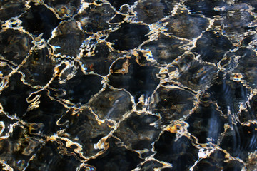 Black and gold abstract water ripples background of square diagonal patterns from sunlight reflections on a swimming pool’s surface