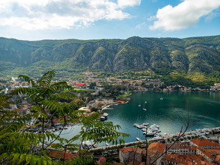 Aerial photo of a bay with a small town with a port