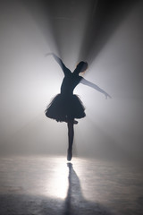Professional ballerina dancing ballet in spotlights smoke on big stage. Beautiful young girl wearing black tutu dress on floodlights background. Black and white. - obrazy, fototapety, plakaty