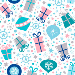 Seamless vector pattern with Christmas ornaments, confetti, gift boxes, snowflakes and stars. Christmas background great for wrapping paper, fabric,wallpaper, surface design.