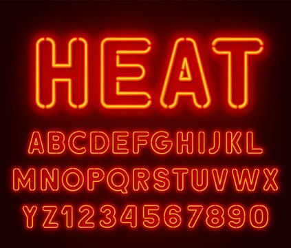 Neon rounded font, glowing alphabet with numbers. on a dark background.