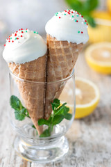 Ice cream marshmallow in a waffle cone for ice cream