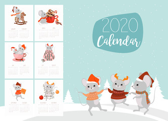 Cute Wall Calendar  with cute mouse characters. 2020 Yearly Planner, Organizer and Schedule with all Months. Editable vector illustration.