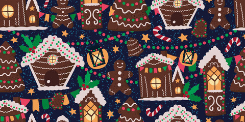 Vector seamless pattern with gingerbread houses. Endless background with traditional Christmas objects and symbols. Colorful holiday design for wallpaper, paper wrap, fabric, textile, surfaces.