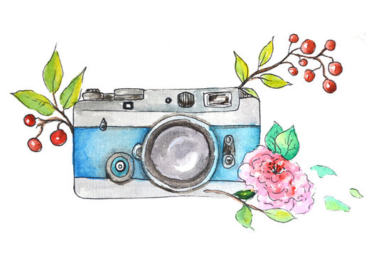 drawing watercolor camera blue flowers branches of a plant logo 