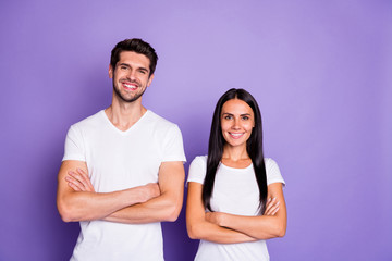 Portrait of his he her she nice attractive lovely charming cute content cheerful cheery couple...