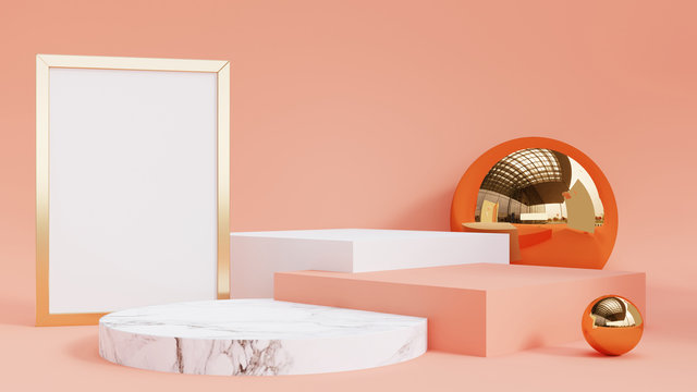 Geometric shape pink cream scene minimal 3d rendering