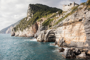 View on Grotta di Lord Byron, coast with rock cliff in Portovenere, Ligurian sea, Riviera di Levante, National park Cinque Terre, La Spezia, Liguria, Italy