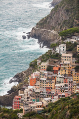View on Riomaggiore - Cique Terre, sequence of hill cities. Traveling concept background