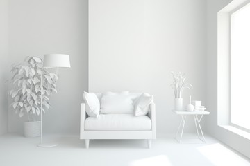 Mock up of stylish room in white color with armchair. Scandinavian interior design. 3D illustration