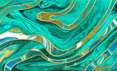Green, blue and gold ripple pattern. Marble texture with layers. Gold particles.