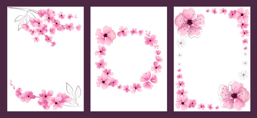 Set of cards with flowers. Vector flowers. Cherry blossoms. Floral frames.