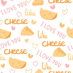cartoon drawing cheese and hearts valentines greeting seamless pattern, i love you like cheese slogan, editable vector illustration for paper, fabric, textile, decoration