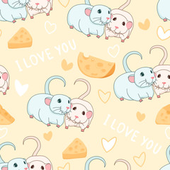 two cute lovely rats with cheese and hearts valentines greeting seamless pattern, i love you slogan, editable vector illustration for paper, fabric, textile, decoration