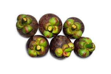 Mangosteen the queen of thai tropical fruit isolated on white background. Top view.