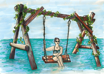 woman on swing in sea marker illustration