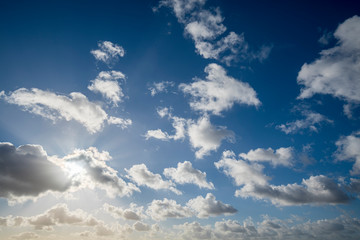 cloudscape with blue sky and sun for backgrounds