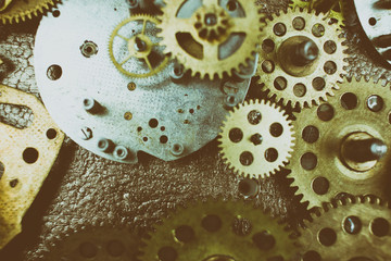 Closeup gears and cogs. Mechanism. Mechanic action.