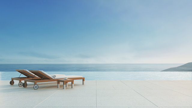 Beach lounge - ocean villa with pool and Sea view / 3d render 