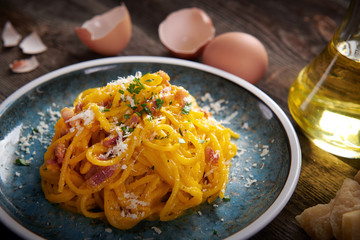 Delicious carbonara pasta close up