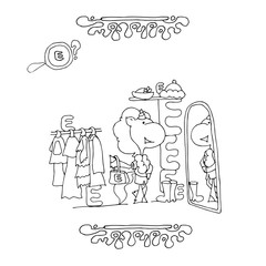 Find Letter E. Funny cartoon unicorn. Animals alphabet a Coloring page. Printable worksheet. Unicorns in a shop trying on clothes near a mirror.