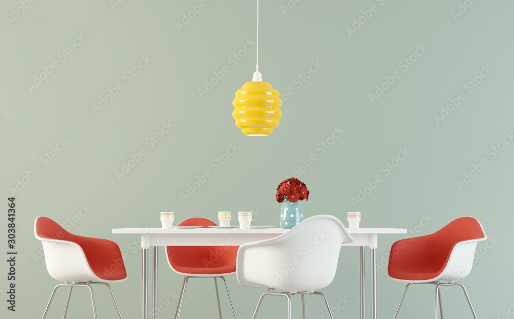 Aufkleber Simple dining room with a table, chairs and flowers against empty wall. 3D rendering image.