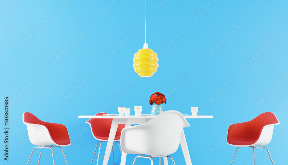 Aufkleber Simple dining room with a table, chairs and flowers against empty wall. 3D rendering image.